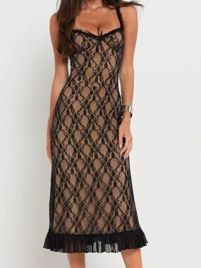Black Lace Midi Dress - Floral Mesh & Tan Bodycon Slip Cocktail Evening Dress